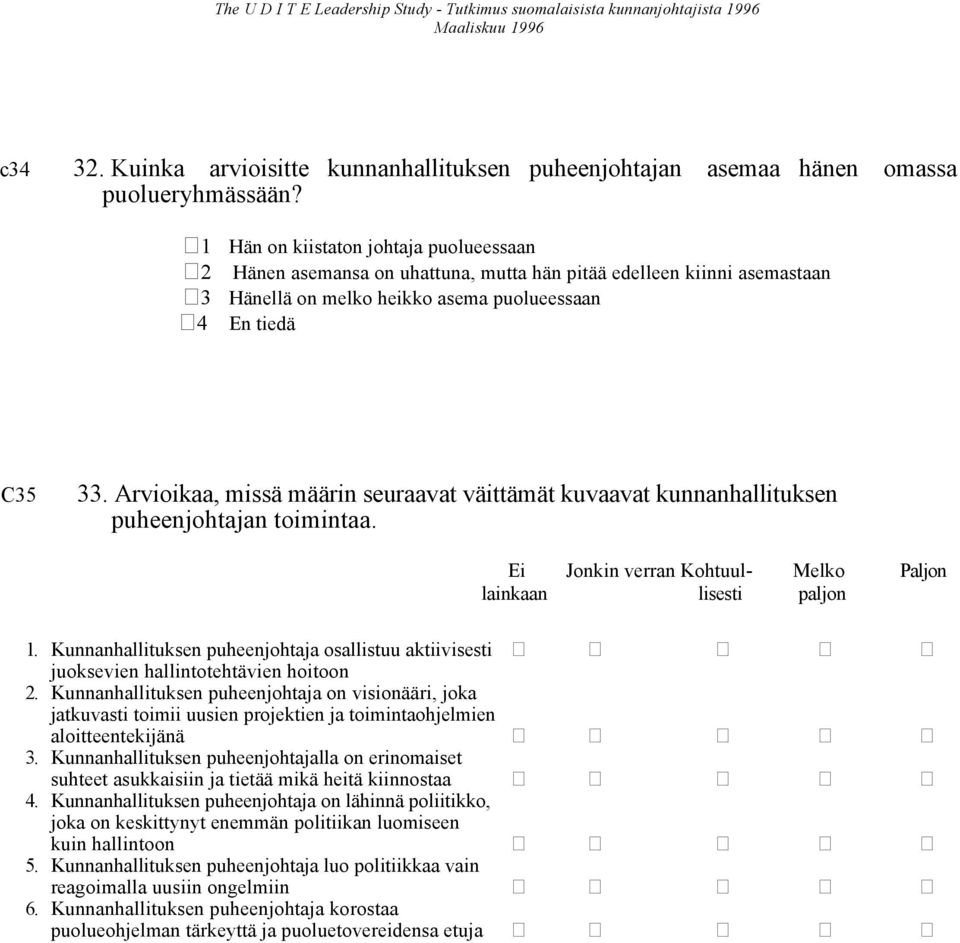 Arvioikaa, missä määrin seuraavat väittämät kuvaavat kunnanhallituksen puheenjohtajan toimintaa. Ei Jonkin verran Kohtuul- Melko Paljon lainkaan lisesti paljon 1.