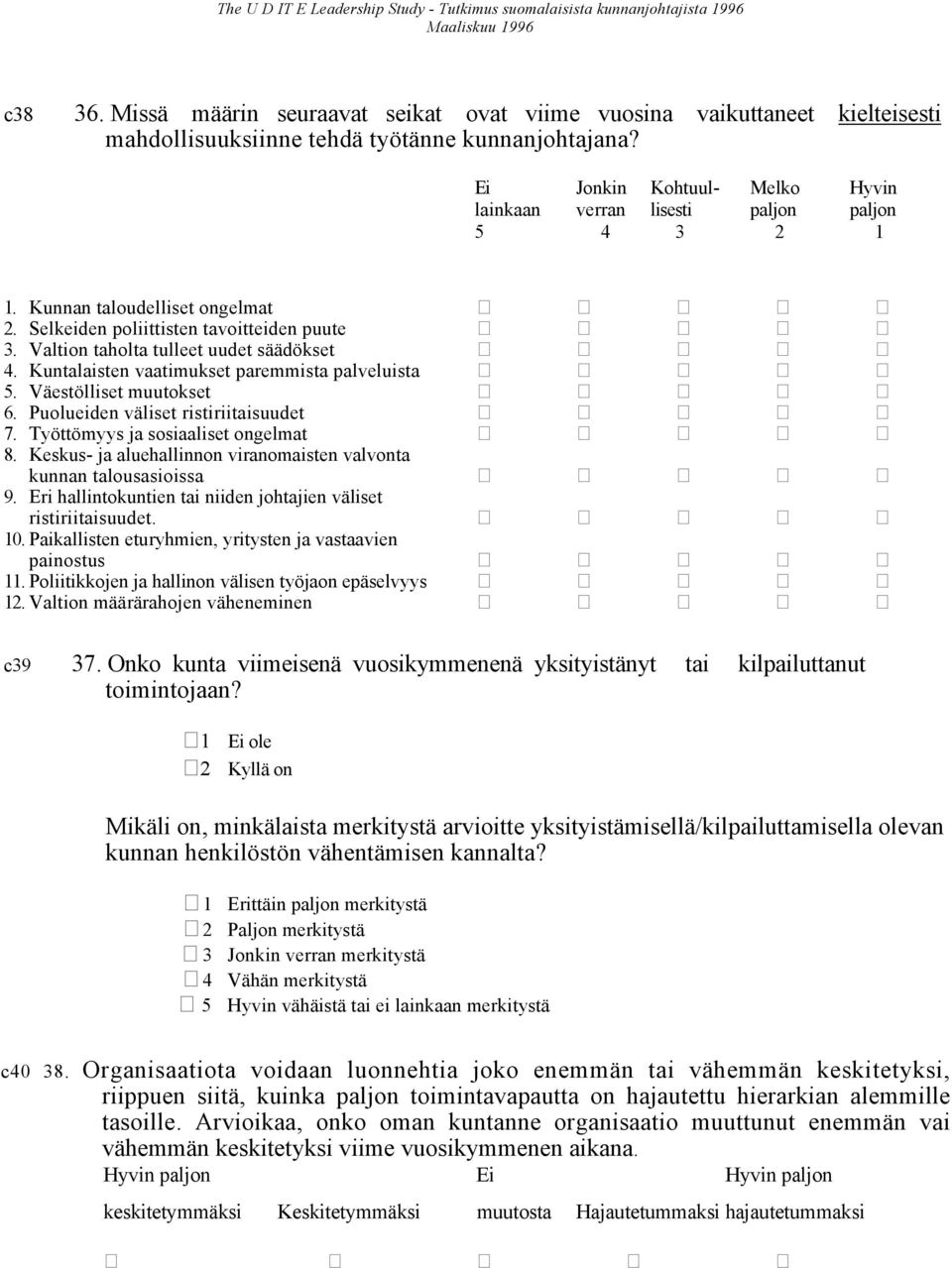 Ei Jonkin Kohtuul- Melko Hyvin lainkaan verran lisesti paljon paljon 5 4 3 2 1 1. Kunnan taloudelliset ongelmat 2. Selkeiden poliittisten tavoitteiden puute 3.