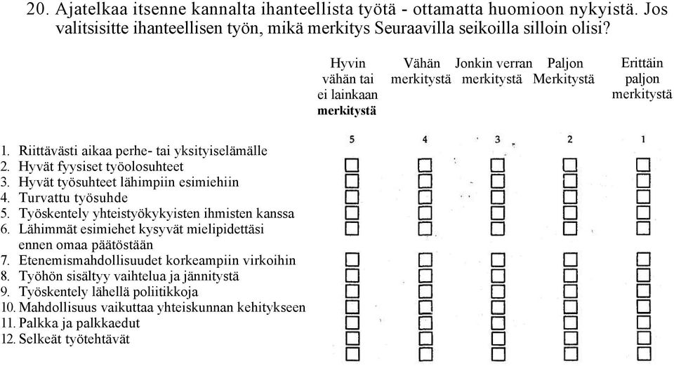 Hyvät fyysiset työolosuhteet 3. Hyvät työsuhteet lähimpiin esimiehiin 4. Turvattu työsuhde 5. Työskentely yhteistyökykyisten ihmisten kanssa 6.