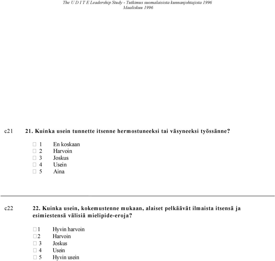 1 2 3 4 5 En koskaan Harvoin Joskus Usein Aina c22 22.