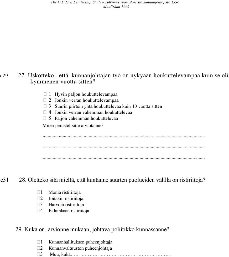 houkuttelevaa Miten perustelisitte arviotanne? c31 28. Oletteko sitä mieltä, että kuntanne suurten puolueiden välillä on ristiriitoja?