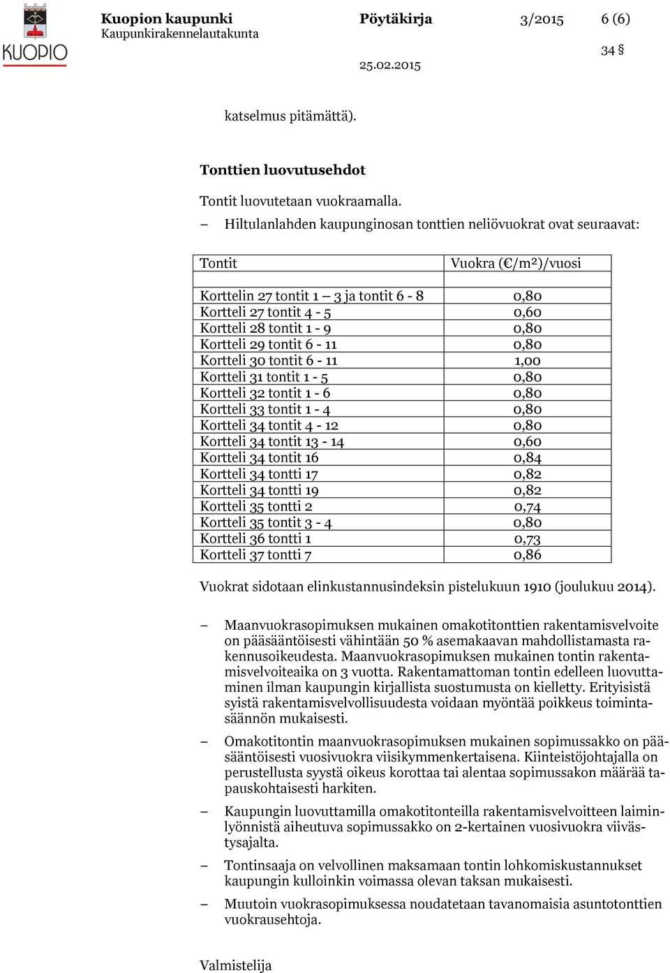 Kortteli 29 tontit 6-11 0,80 Kortteli 30 tontit 6-11 1,00 Kortteli 31 tontit 1-5 0,80 Kortteli 32 tontit 1-6 0,80 Kortteli 33 tontit 1-4 0,80 Kortteli 34 tontit 4-12 0,80 Kortteli 34 tontit 13-14