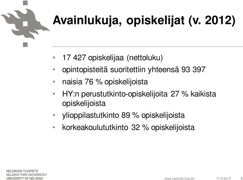 yhteensä 93 397 naisia 76 % opiskelijoista HY:n