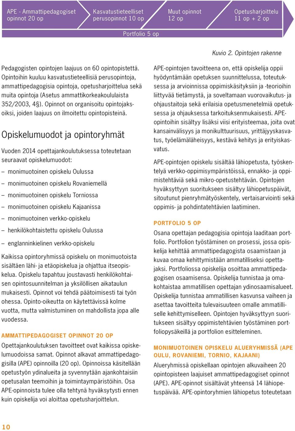 Opintoihin kuuluu kasvatustieteellisiä perusopintoja, ammattipedagogisia opintoja, opetusharjoittelua sekä muita opintoja (Asetus ammattikorkeakoululaista 352/2003, 4 ).