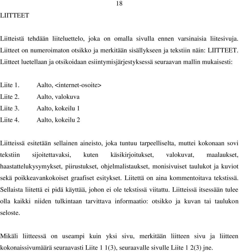 Aalto, kokeilu 2 Liitteissä esitetään sellainen aineisto, joka tuntuu tarpeelliselta, muttei kokonaan sovi tekstiin sijoitettavaksi, kuten käsikirjoitukset, valokuvat, maalaukset,