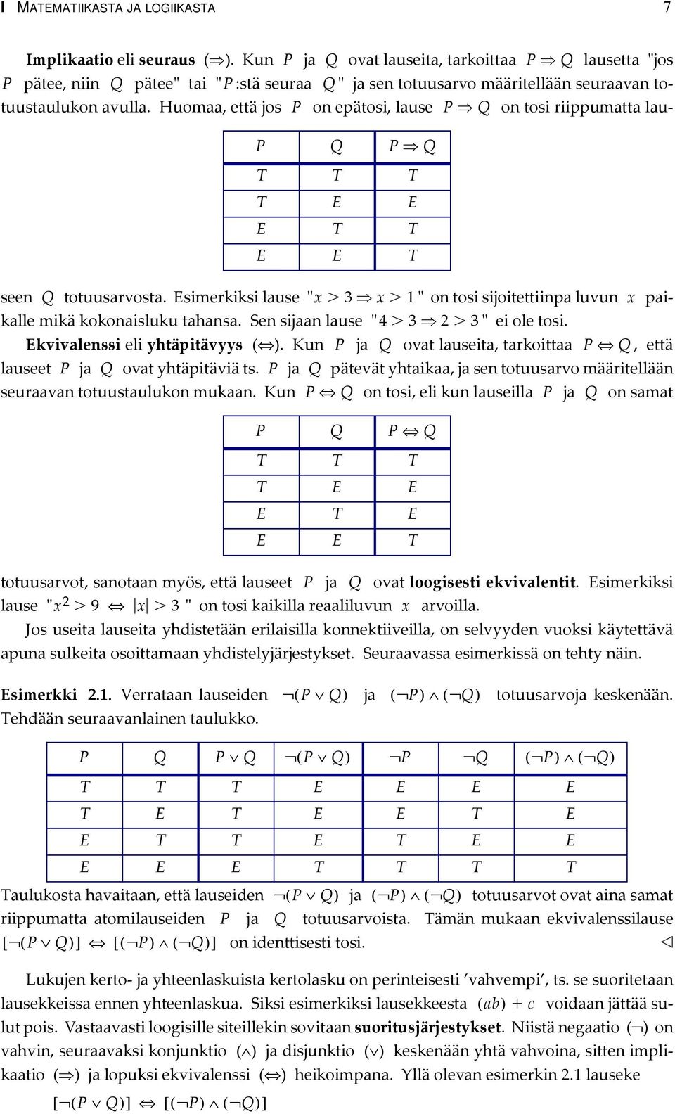 kokonaisluku tahansa Sen sijaan lause " 4 3 2 3" ei ole tosi Ekvivalenssi eli yhtäpitävyys ( ) Kun P ja Q ovat lauseita, tarkoittaa P Q, että lauseet P ja Q ovat yhtäpitäviä ts P ja Q pätevät