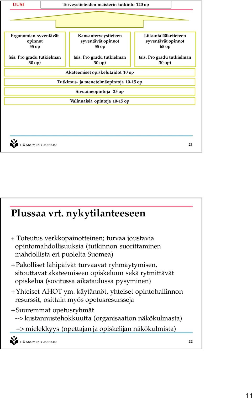 Pro gradu tutkielman 30 op) Tutkimus- ja menetelmäopintoja 10-15 op Sivuaineopintoja 25 op Valinnaisia opintoja 10-15 op 21 Plussaa vrt.