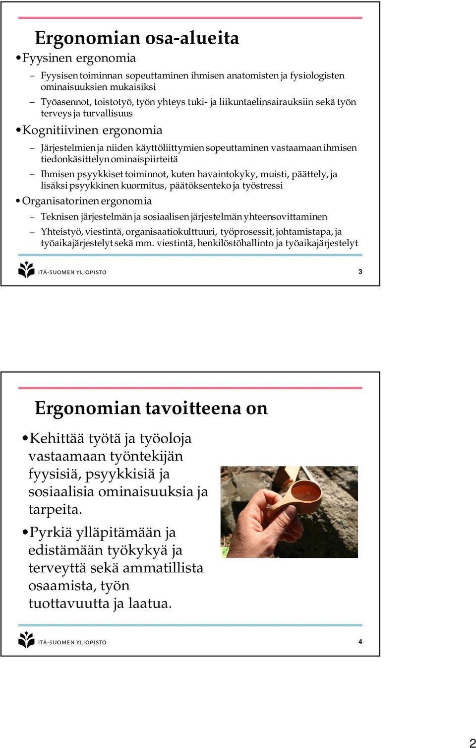 psyykkiset toiminnot, kuten havaintokyky, muisti, päättely, ja lisäksi psyykkinen kuormitus, päätöksenteko ja työstressi Organisatorinen ergonomia Teknisen järjestelmän ja sosiaalisen järjestelmän