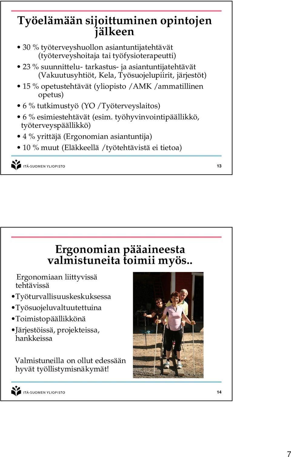 työhyvinvointipäällikkö, työterveyspäällikkö) 4 % yrittäjä (Ergonomian asiantuntija) 10 % muut (Eläkkeellä / työtehtävistä ei tietoa) 13 Ergonomian pääaineesta valmistuneita toimii myös.