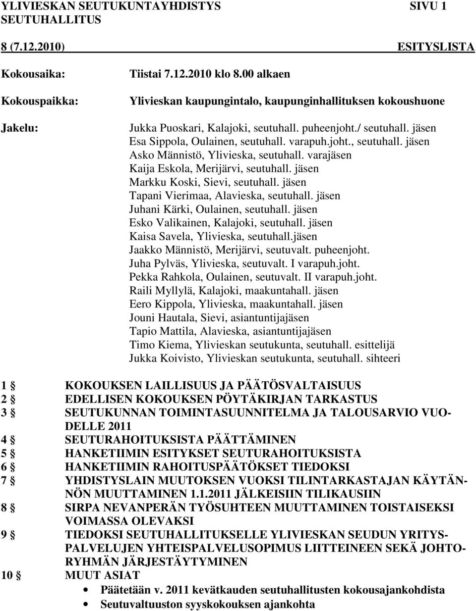 jäsen Markku Koski, Sievi, seutuhall. jäsen Tapani Vierimaa, Alavieska, seutuhall. jäsen Juhani Kärki, Oulainen, seutuhall. jäsen Esko Valikainen, Kalajoki, seutuhall.