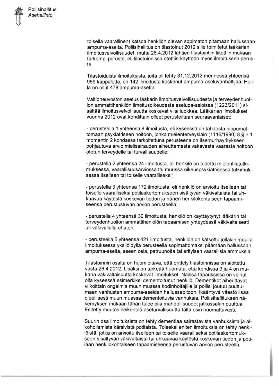2012 mennessi yhteensi 969 kappaletta, on 142 ilmoitusta koskenut ampuma-aseluvanhaltijaa. Heilld on ollut 478 ampuma-asetta.