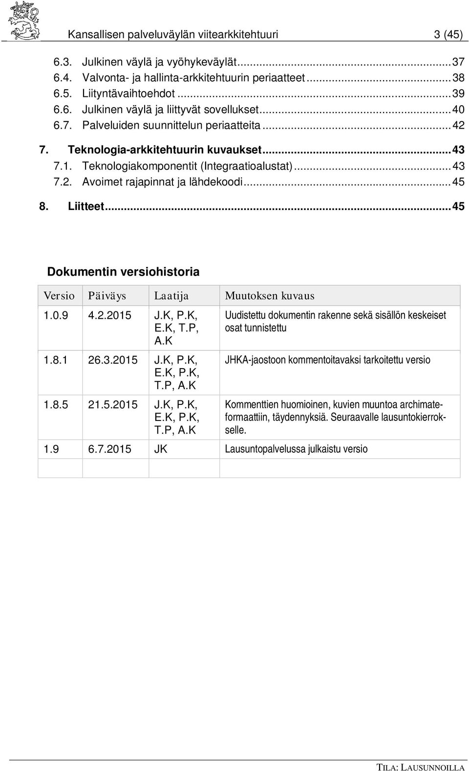 Liitteet... 45 Dokumentin versiohistoria Versio Päiväys Laatija Muutoksen kuvaus 1.0.9 4.2.2015 J.K, P.K, E.K, T.P, A.