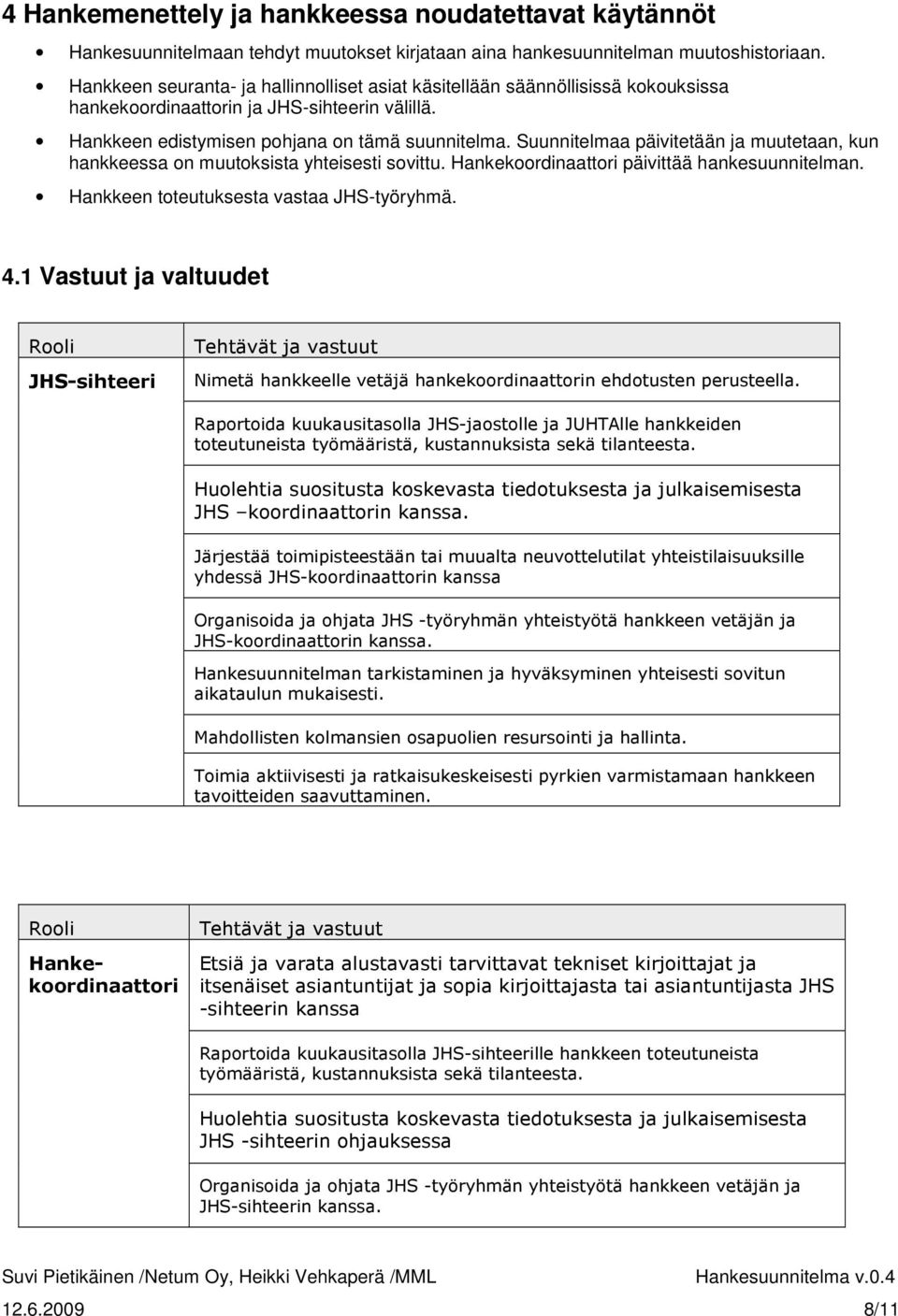 Suunnitelmaa päivitetään ja muutetaan, kun hankkeessa on muutoksista yhteisesti sovittu. Hankekoordinaattori päivittää hankesuunnitelman. Hankkeen toteutuksesta vastaa JHS-työryhmä. 4.