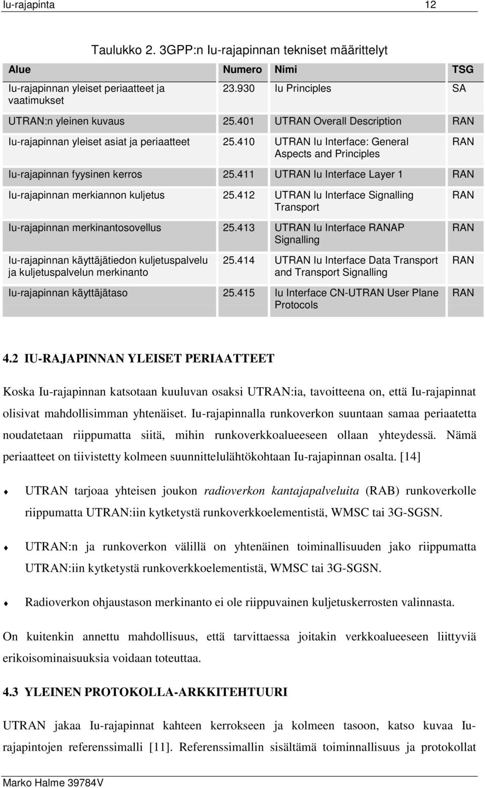 411 UTRAN Iu Interface Layer 1 RAN Iu-rajapinnan merkiannon kuljetus 25.412 UTRAN Iu Interface Signalling Transport Iu-rajapinnan merkinantosovellus 25.