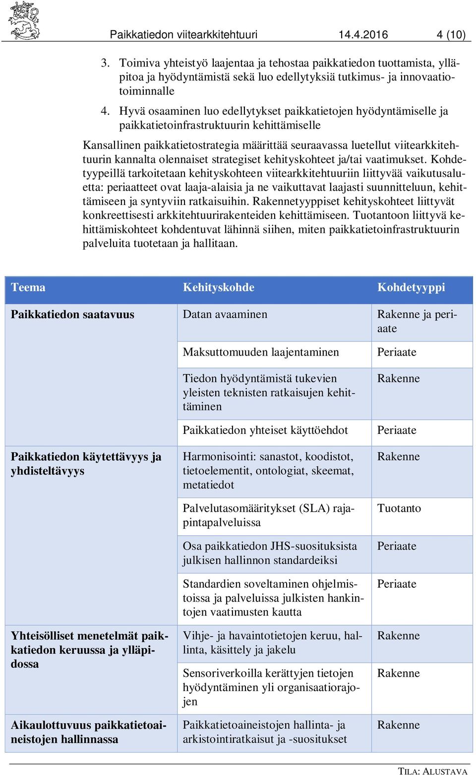 Hyvä osaaminen luo edellytykset paikkatietojen hyödyntämiselle ja paikkatietoinfrastruktuurin kehittämiselle Kansallinen paikkatietostrategia määrittää seuraavassa luetellut viitearkkitehtuurin