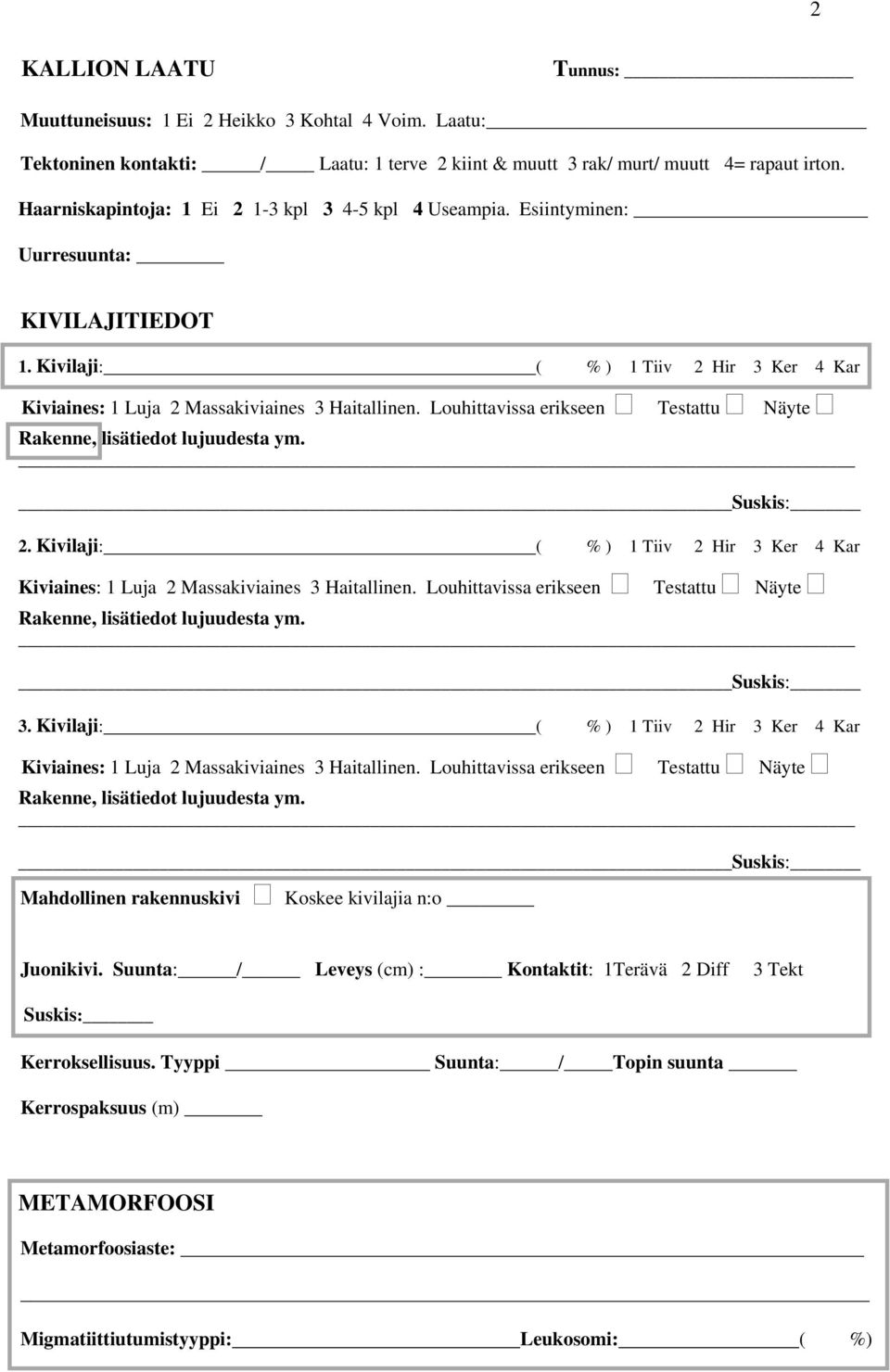 Louhittavissa erikseen Testattu Näyte Rakenne, lisätiedot lujuudesta ym. _Suskis: 2. Kivilaji: ( % ) 1 Tiiv 2 Hir 3 Ker 4 Kar Kiviaines: 1 Luja 2 Massakiviaines 3 Haitallinen.