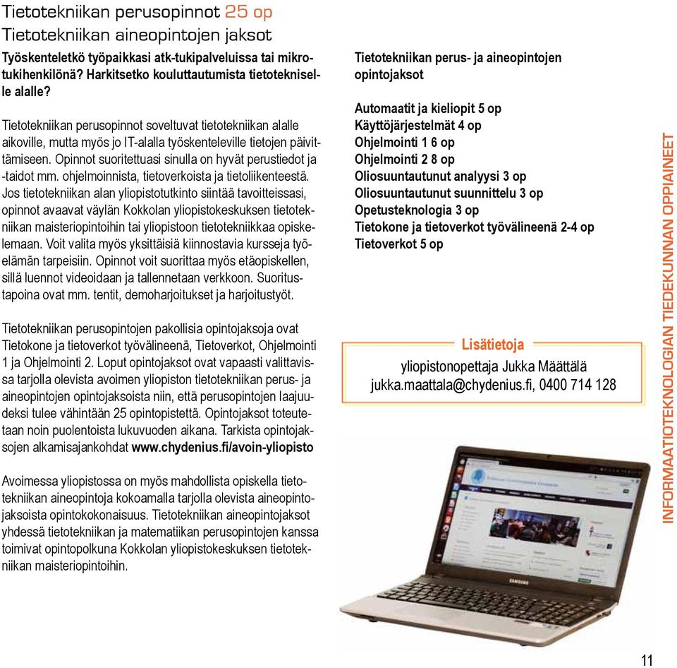 Opinnot suoritettuasi sinulla on hyvät perustiedot ja -taidot mm. ohjelmoinnista, tietoverkoista ja tietoliikenteestä.