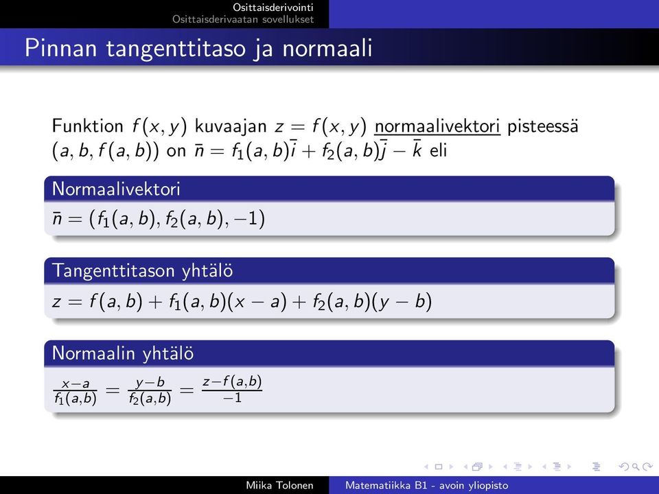 Normaalivektori n = (f 1 (a,b),f 2 (a,b), 1) Tangenttitason yhtälö z =