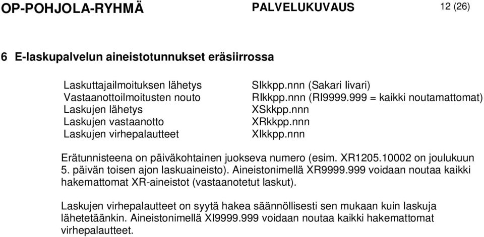 nnn Erätunnisteena on päiväkohtainen juokseva numero (esim. XR1205.10002 on joulukuun 5. päivän toisen ajon laskuaineisto). Aineistonimellä XR9999.