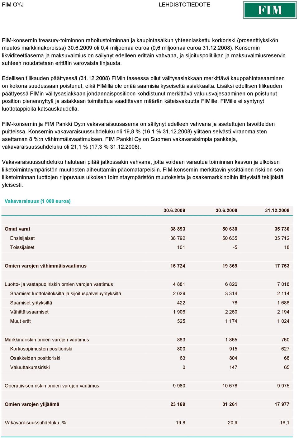 Edellisen tilikauden päättyessä (31.12.2008) FIMin taseessa ollut välitysasiakkaan merkittävä kauppahintasaaminen on kokonaisuudessaan poistunut, eikä FIMillä ole enää saamisia kyseiseltä asiakkaalta.