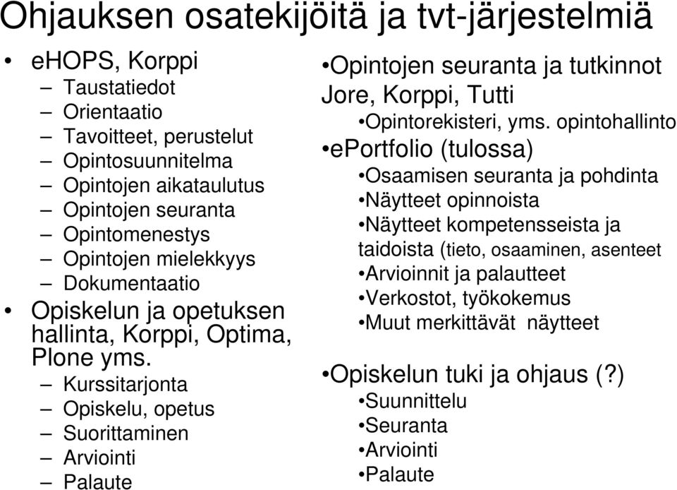 Kurssitarjonta Opiskelu, opetus Suorittaminen Arviointi Palaute Opintojen seuranta ja tutkinnot Jore, Korppi, Tutti Opintorekisteri, yms.