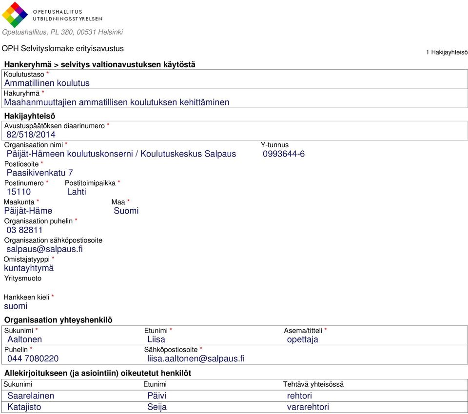 Paasikivenkatu 7 Postinumero * Postitoimipaikka * 15110 Lahti Maakunta * Maa * Päijät-Häme Suomi Organisaation puhelin * 03 82811 Organisaation sähköpostiosoite salpaus@salpaus.