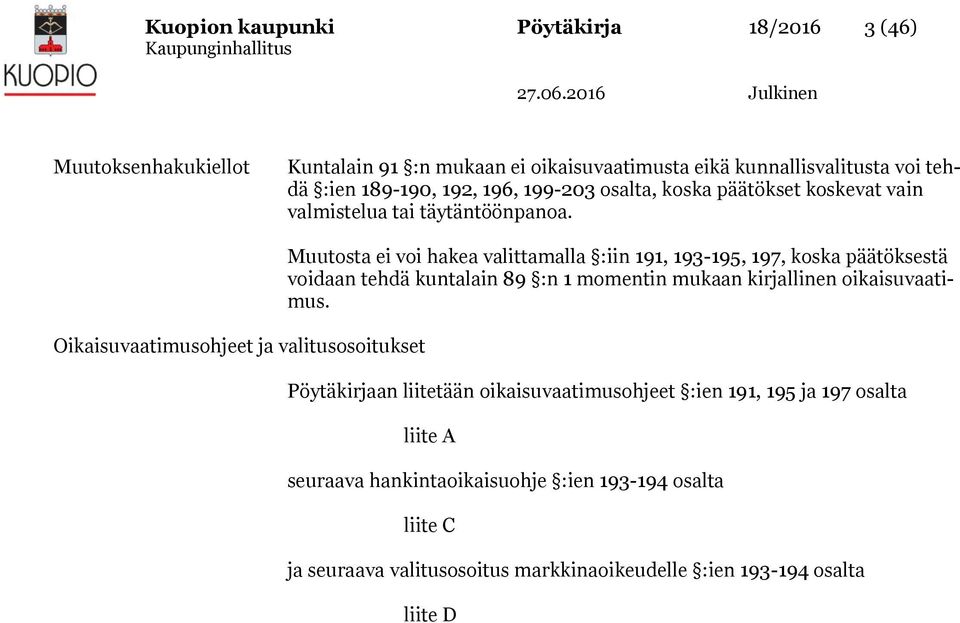 Oikaisuvaatimusohjeet ja valitusosoitukset Muutosta ei voi hakea valittamalla :iin 191, 193-195, 197, koska päätöksestä voidaan tehdä kuntalain 89 :n 1 momentin