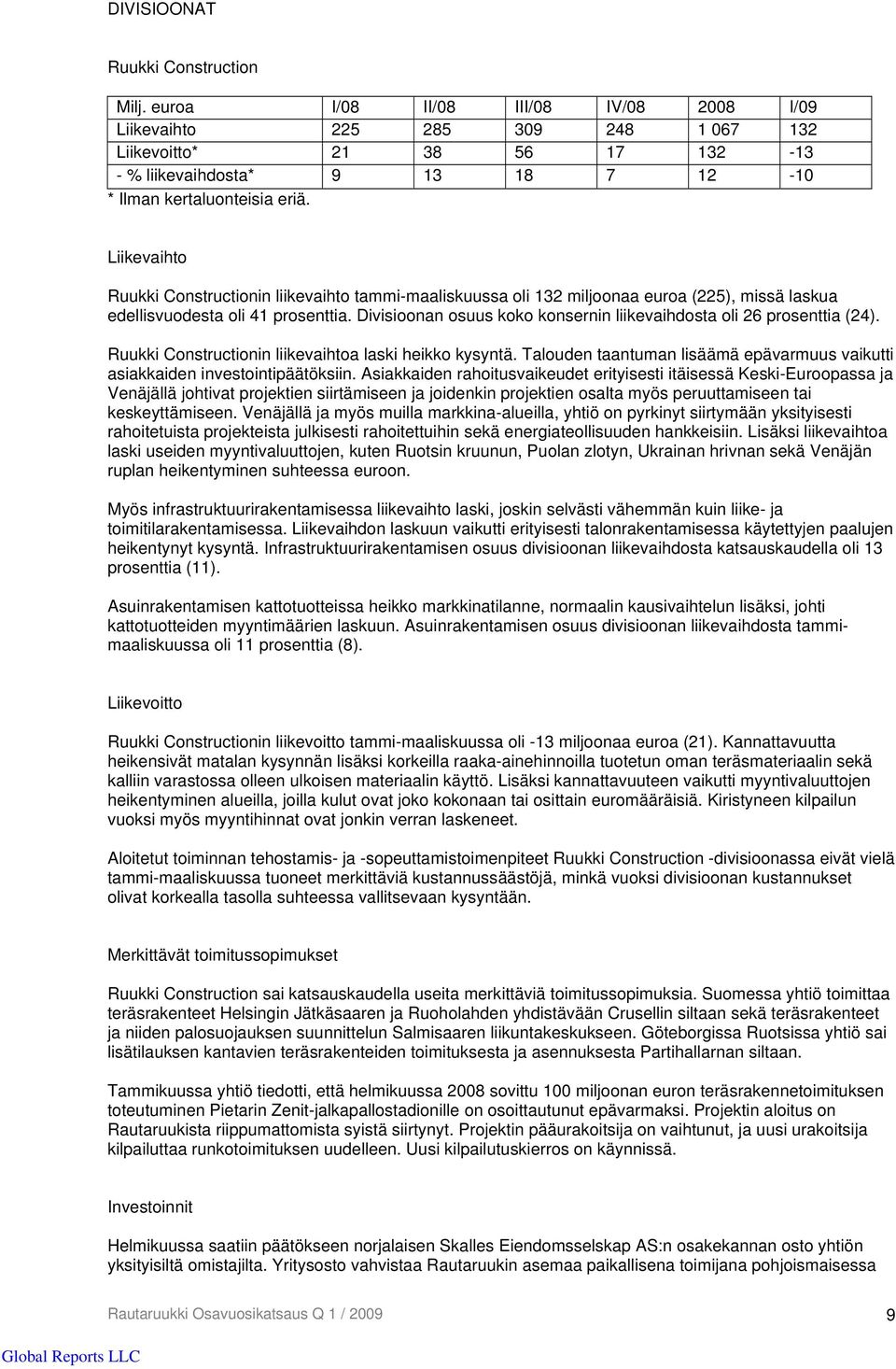 Liikevaihto Ruukki Constructionin liikevaihto tammi-maaliskuussa oli 132 miljoonaa euroa (225), missä laskua edellisvuodesta oli 41 prosenttia.