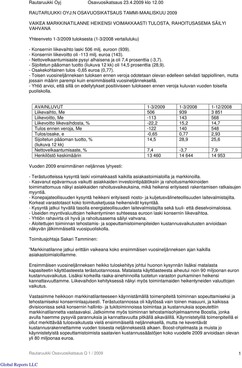 Konsernin liikevaihto laski 506 milj. euroon (939). - Konsernin liikevoitto oli -113 milj. euroa (143). - Nettovelkaantumisaste pysyi alhaisena ja oli 7,4 prosenttia (-3,7).