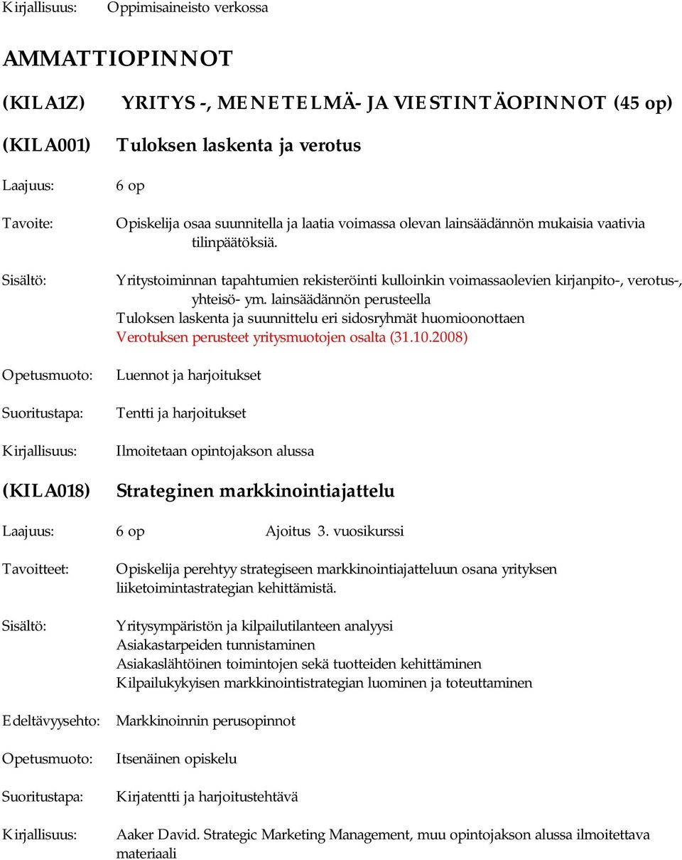 lainsäädännön perusteella Tuloksen laskenta ja suunnittelu eri sidosryhmät huomioonottaen Verotuksen perusteet yritysmuotojen osalta (31.10.2008) (KILA018) Strateginen markkinointiajattelu Ajoitus 3.