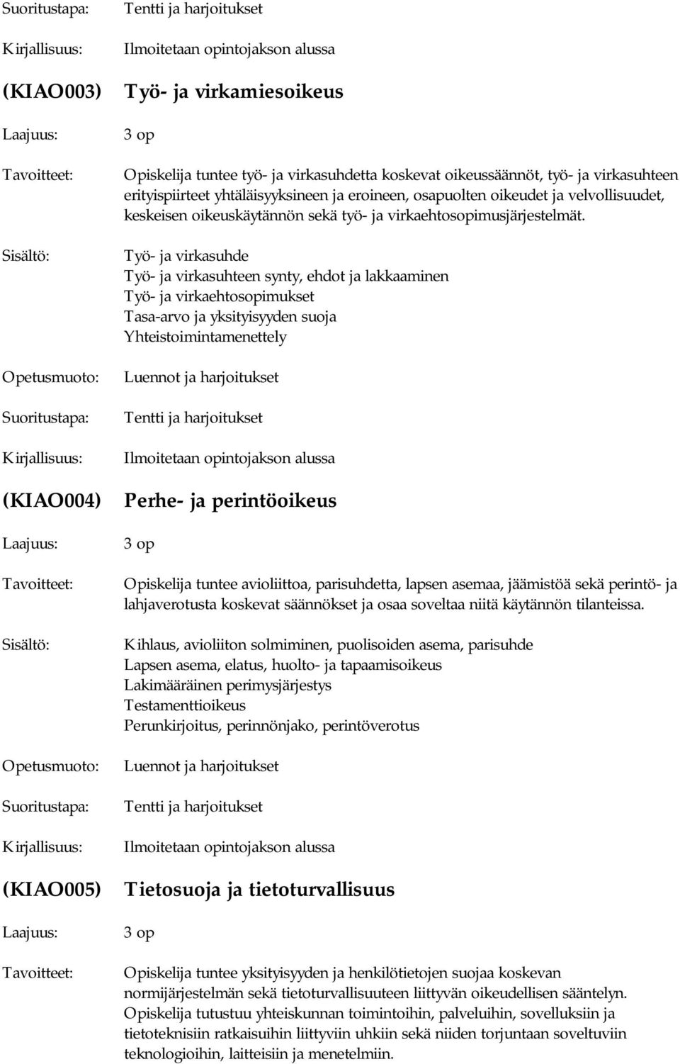 Työ- ja virkasuhde Työ- ja virkasuhteen synty, ehdot ja lakkaaminen Työ- ja virkaehtosopimukset Tasa-arvo ja yksityisyyden suoja Yhteistoimintamenettely (KIAO004) Perhe- ja perintöoikeus Opiskelija