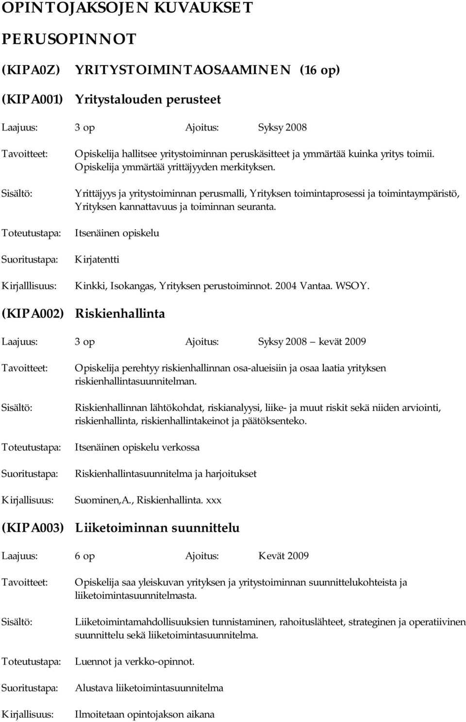 Yrittäjyys ja yritystoiminnan perusmalli, Yrityksen toimintaprosessi ja toimintaympäristö, Yrityksen kannattavuus ja toiminnan seuranta.