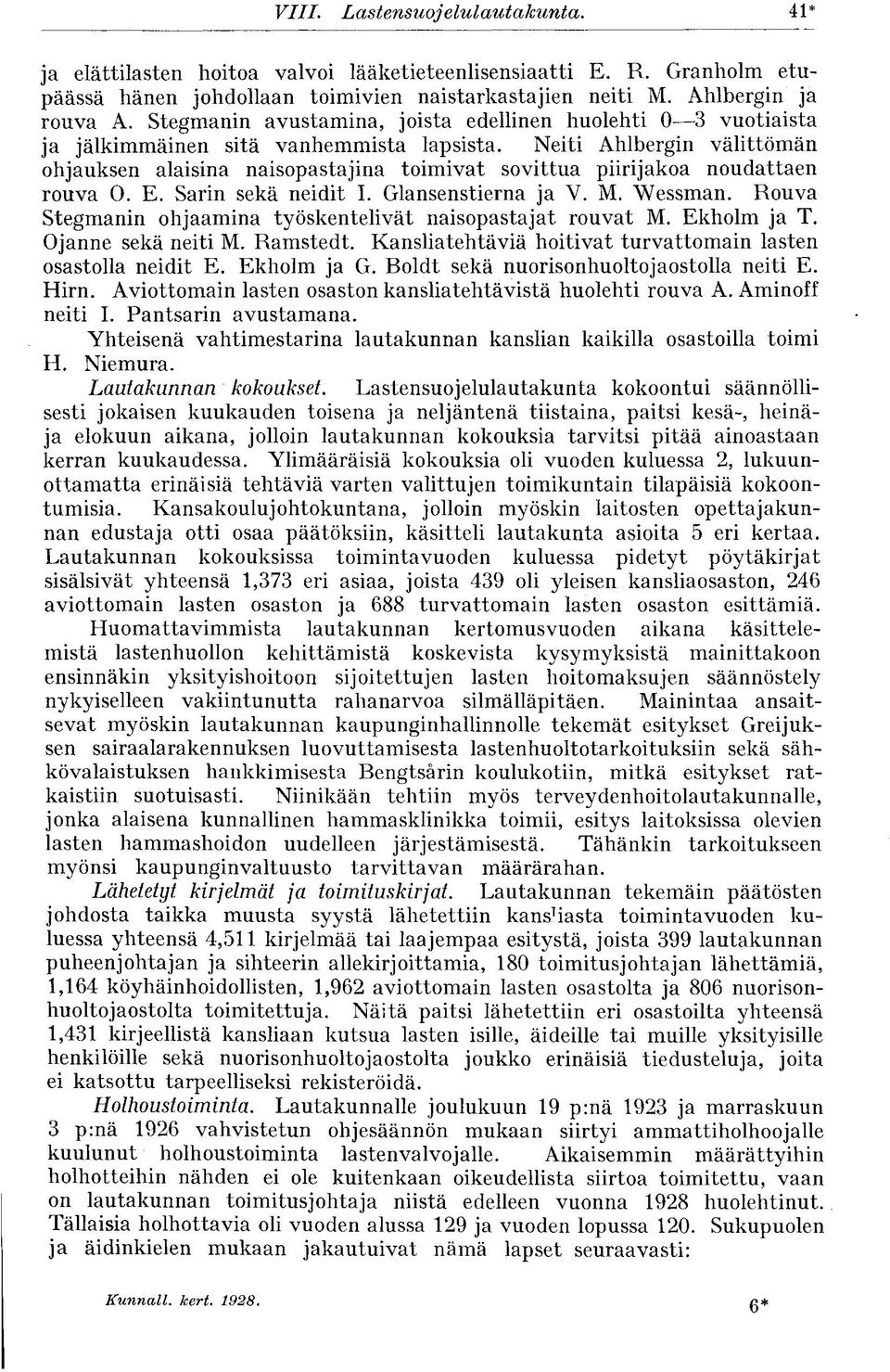 Neiti Ahlbergin välittömän ohjauksen alaisina naisopastajina toimivat sovittua piirijakoa noudattaen rouva O. E. Sarin sekä neidit I. Glansenstierna ja V. M. Wessman.