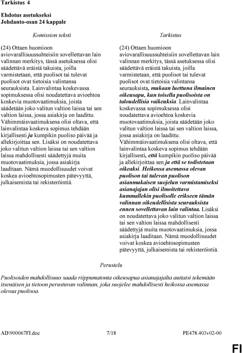 Lainvalintaa koskevassa sopimuksessa olisi noudatettava avioehtoa koskevia muotovaatimuksia, joista säädetään joko valitun valtion laissa tai sen valtion laissa, jossa asiakirja on laadittu.