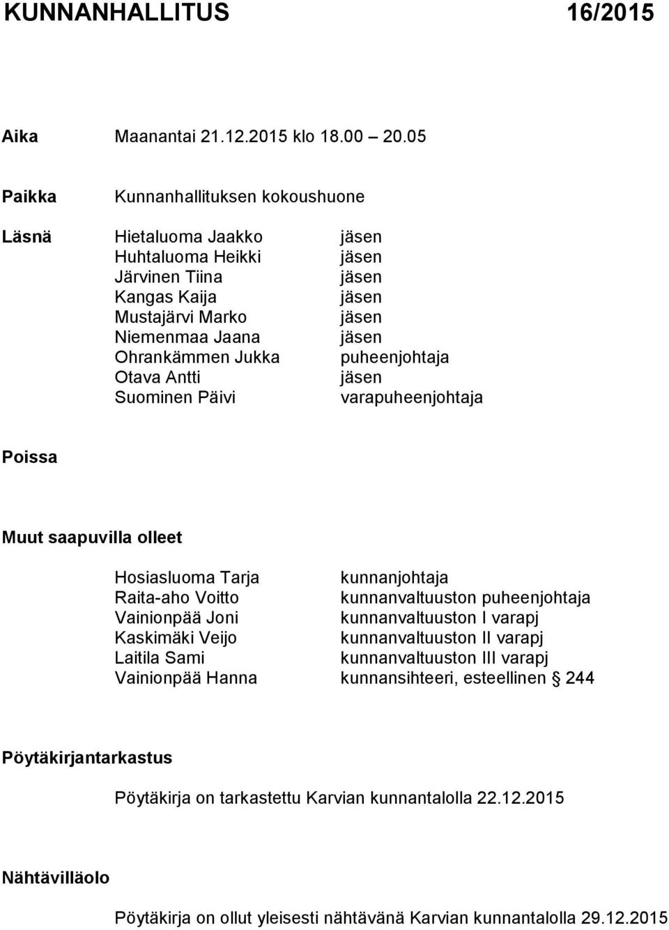 Jukka puheenjohtaja Otava Antti jäsen Suominen Päivi varapuheenjohtaja Poissa Muut saapuvilla olleet Hosiasluoma Tarja kunnanjohtaja Raita-aho Voitto kunnanvaltuuston puheenjohtaja Vainionpää