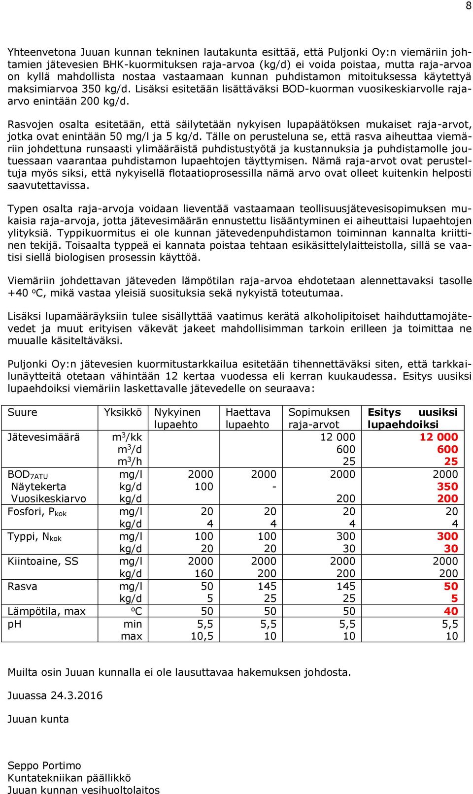 Rasvojen osalta esitetään, että säilytetään nykyisen lupapäätöksen mukaiset raja-arvot, jotka ovat enintään 50 mg/l ja 5.