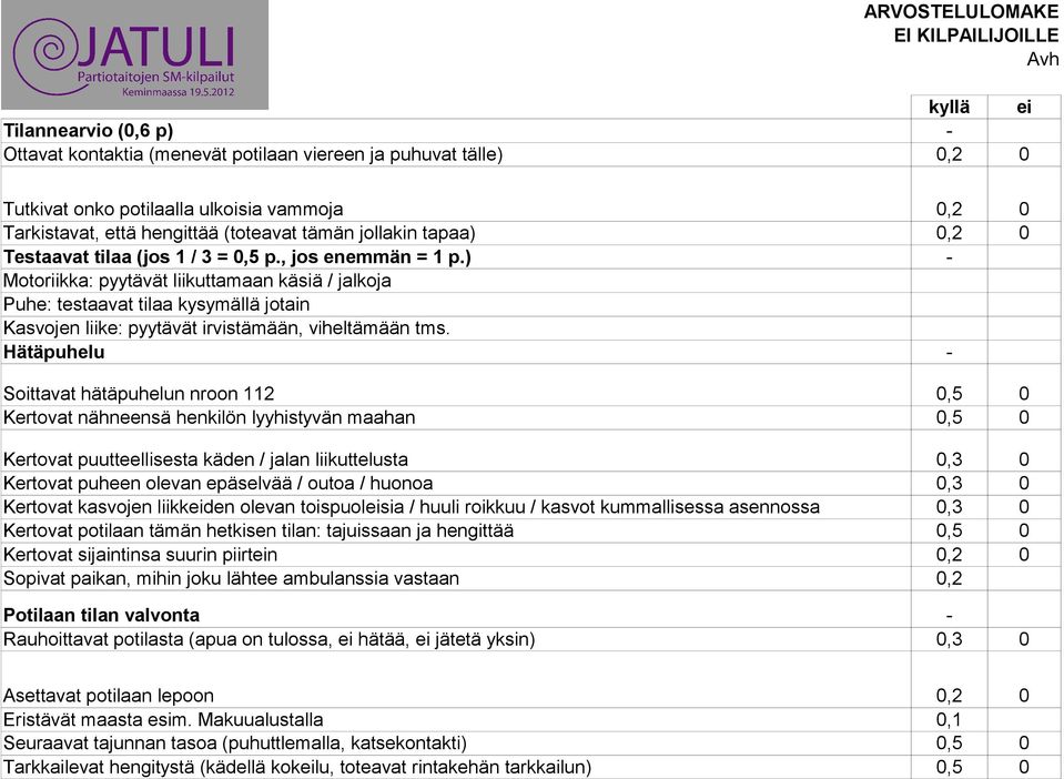 ) - Motoriikka: pyytävät liikuttamaan käsiä / jalkoja Puhe: testaavat tilaa kysymällä jotain Kasvojen liike: pyytävät irvistämään, viheltämään tms.