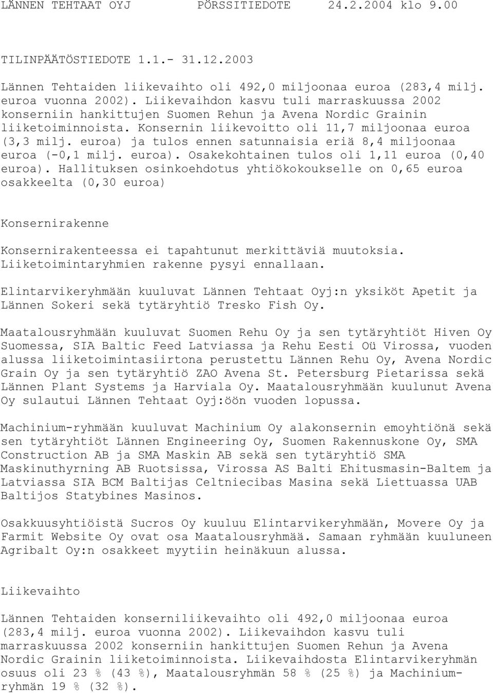 euroa) ja tulos ennen satunnaisia eriä 8,4 miljoonaa euroa (-0,1 milj. euroa). Osakekohtainen tulos oli 1,11 euroa (0,40 euroa).