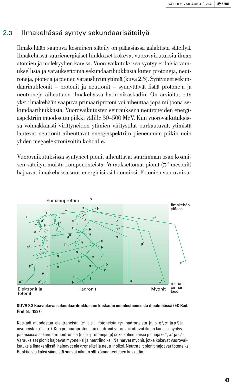 Vuorovaikutuksissa syntyy erilaisia varauksellisia ja varauksettomia sekundaarihiukkasia kuten protoneja, neutroneja, pioneja ja pienen varausluvun ytimiä (kuva 2.3).