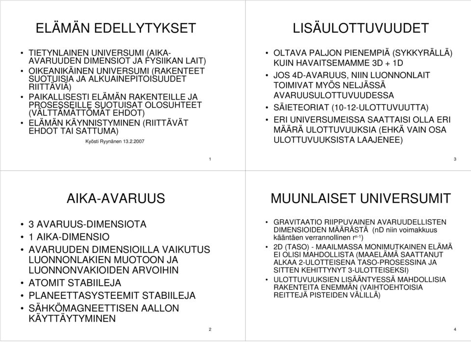 2007 LISÄULOTTUVUUDET OLTAVA PALJON PIENEMPIÄ (SYKKYRÄLLÄ) KUIN HAVAITSEMAMME 3D + 1D JOS 4D-AVARUUS,NIIN LUONNONLAIT TOIMIVAT MYÖS NELJÄSSÄ AVARUUSULOTTUVUUDESSA SÄIETEORIAT (10-12-ULOTTUVUUTTA) ERI