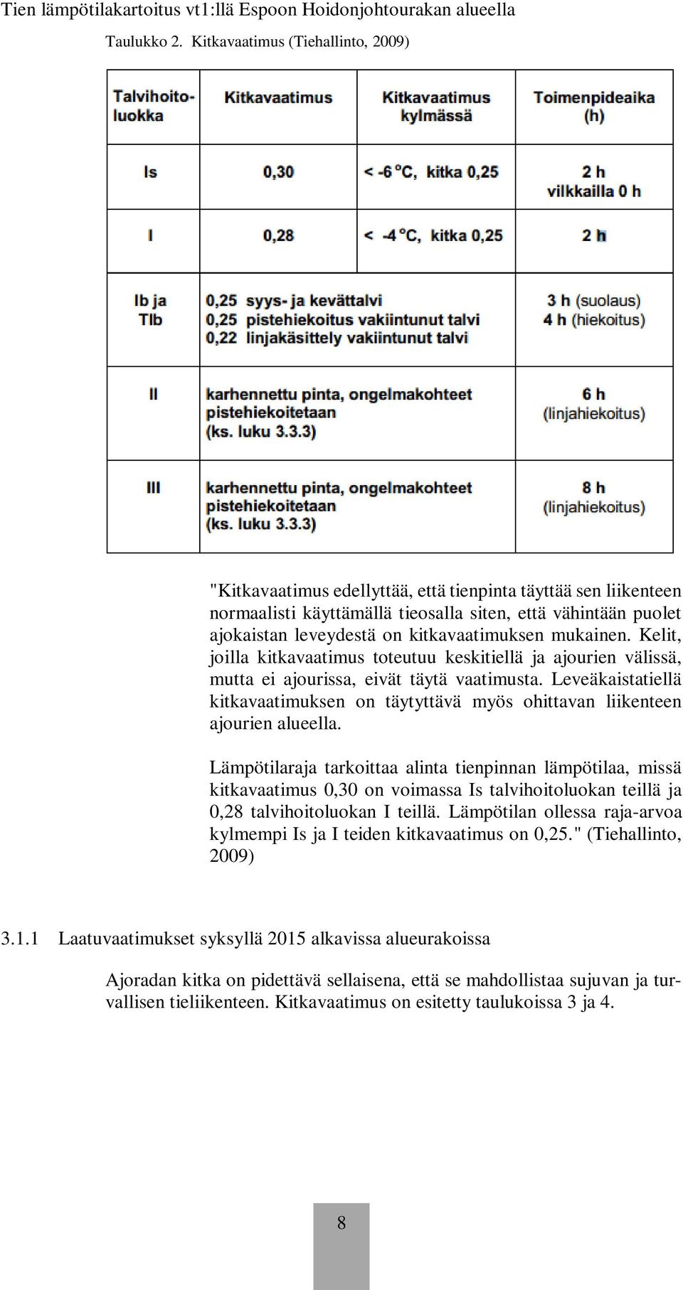 kitkavaatimuksen mukainen. Kelit, joilla kitkavaatimus toteutuu keskitiellä ja ajourien välissä, mutta ei ajourissa, eivät täytä vaatimusta.