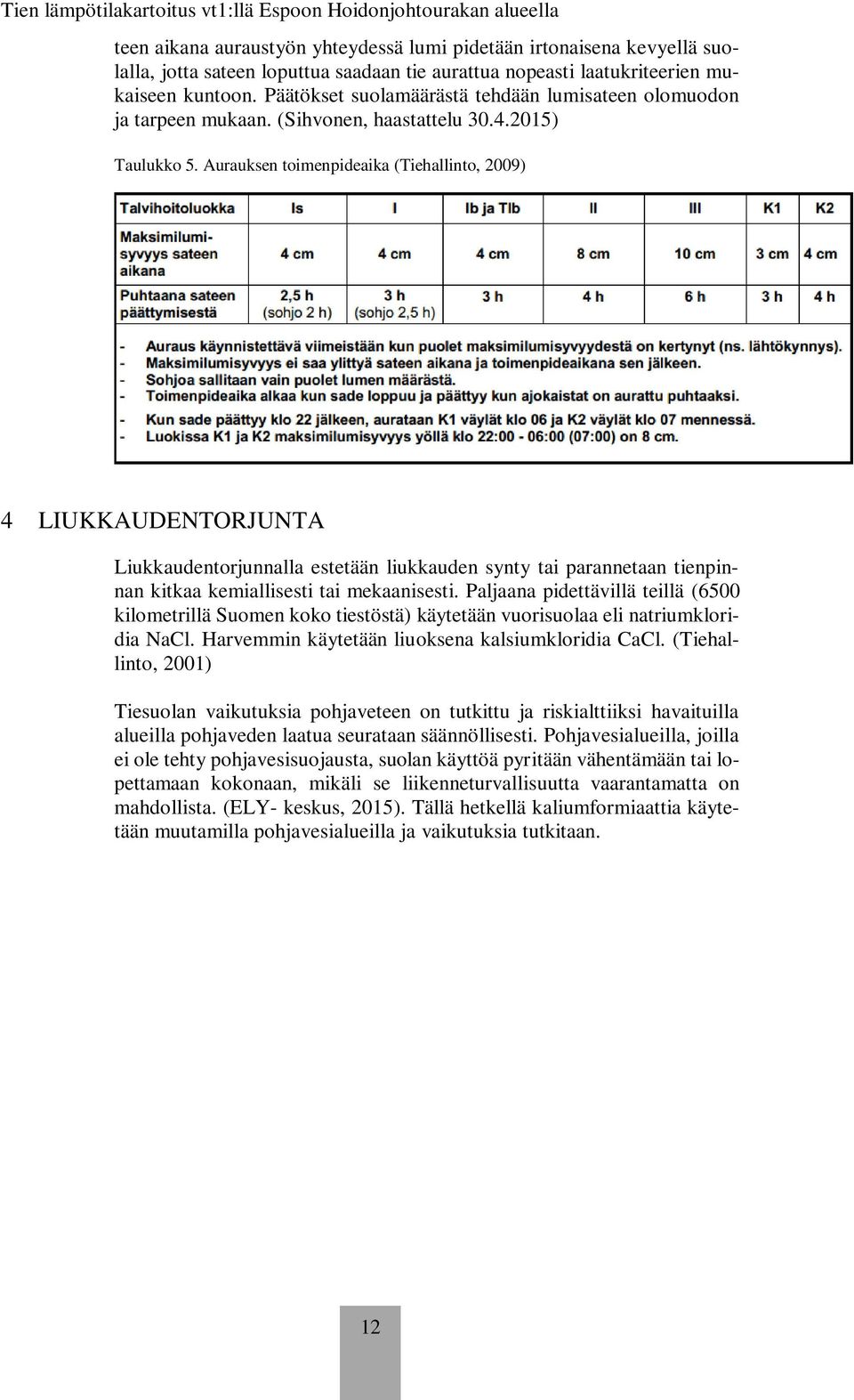 Aurauksen toimenpideaika (Tiehallinto, 2009) 4 LIUKKAUDENTORJUNTA Liukkaudentorjunnalla estetään liukkauden synty tai parannetaan tienpinnan kitkaa kemiallisesti tai mekaanisesti.