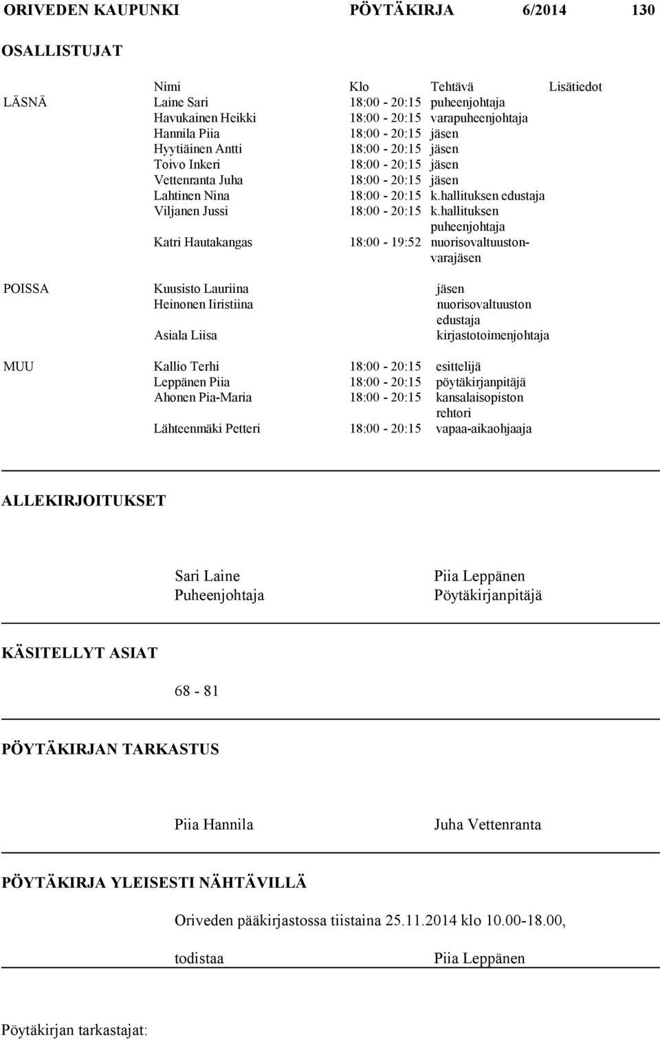 hallituksen puheenjohtaja Katri Hautakangas 18:00-19:52 nuorisovaltuustonvarajäsen POISSA Kuusisto Lauriina jäsen Heinonen Iiristiina nuorisovaltuuston edustaja Asiala Liisa kirjastotoimenjohtaja MUU