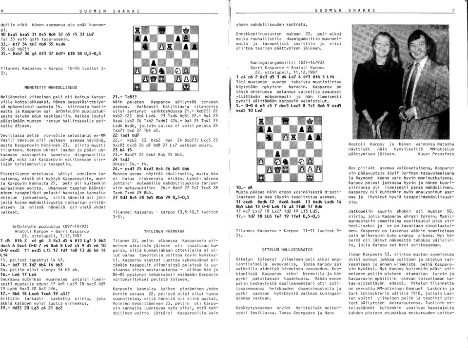 peli alkoi melko rauhallisella daamigambiitin muunnelmalla ja tasapelistä sovittiin jo viisi siirtoa teorian päättymisen jälkeen. Tilanne: Kasparov - Karpov 10-10 (voitot 3-3).