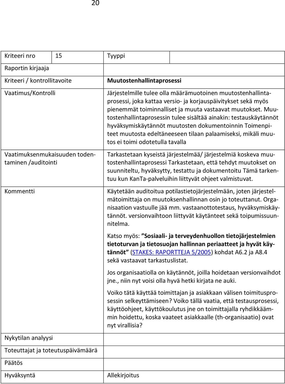 Muutostenhallintaprosessin tulee sisältää ainakin: testauskäytännöt hyväksymiskäytännöt muutosten dokumentoinnin Toimenpiteet muutosta edeltäneeseen tilaan palaamiseksi, mikäli muutos ei toimi