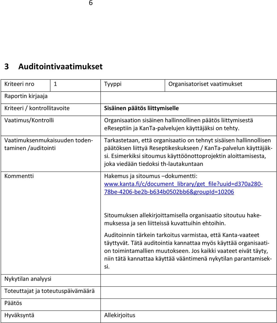 Esimerkiksi sitoumus käyttöönottoprojektin aloittamisesta, joka viedään tiedoksi th-lautakuntaan Hakemus ja sitoumus dokumentti: www.kanta.fi/c/document_library/get_file?