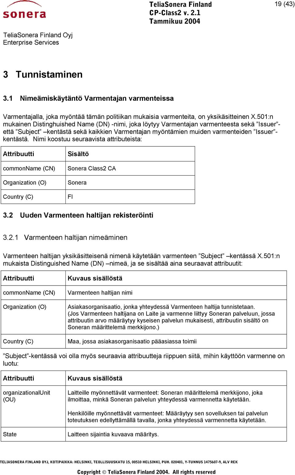 Nimi koostuu seuraavista attributeista: Attribuutti commonname (CN) Organization (O) Country (C) Sisältö Sonera Class2 