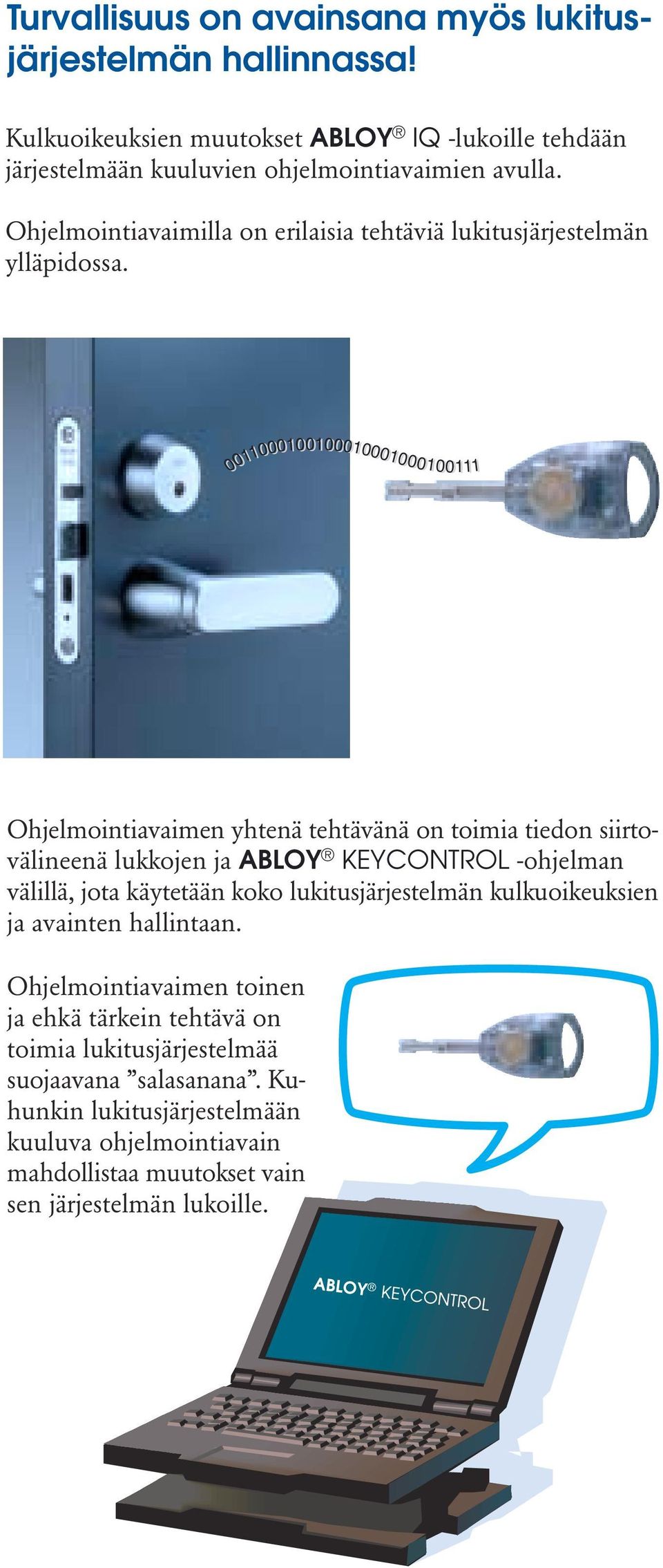 0011000100100010001000100111 Ohjelmointiavaimen yhtenä tehtävänä on toimia tiedon siirtovälineenä lukkojen ja ABLOY KEYCONTROL -ohjelman välillä, jota käytetään koko