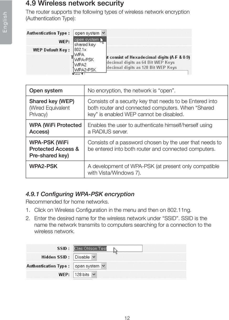 Access) WPA-PSK (WiFi Protected Access & Pre-shared key) WPA2-PSK No encryption, the network is open. Consists of a security key that needs to be Entered into both router and connected computers.