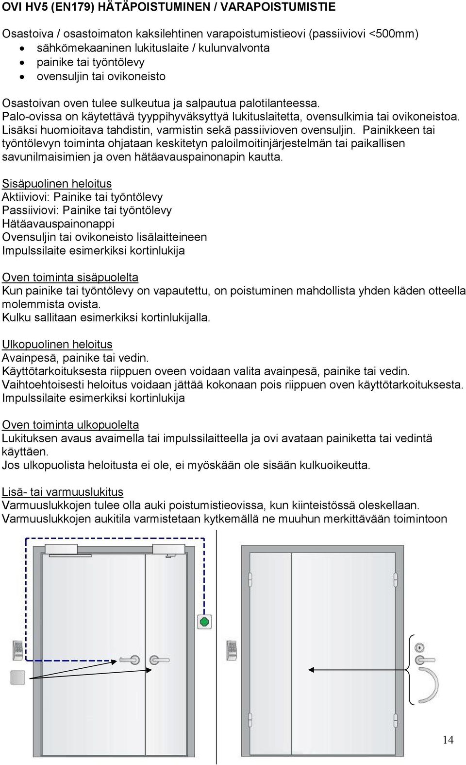 Painikkeen tai työntölevyn toiminta ohjataan keskitetyn paloilmoitinjärjestelmän tai paikallisen savunilmaisimien ja oven hätäavauspainonapin kautta.